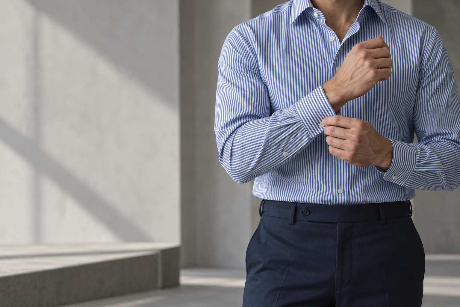 Fine blue striped formal shirt with navy trousers — collection concept